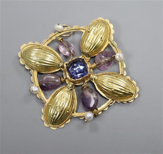 A continental Arts & Crafts style yellow metal, gem and baroque pearl set openwork pendant brooch, 6cm.